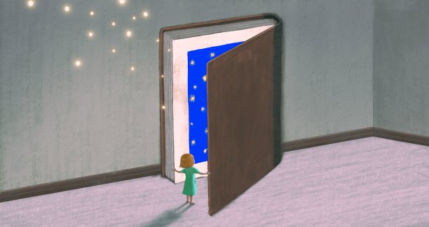 书带着女孩的想象，教育梦想，希望灵感和自由的理念图片下载