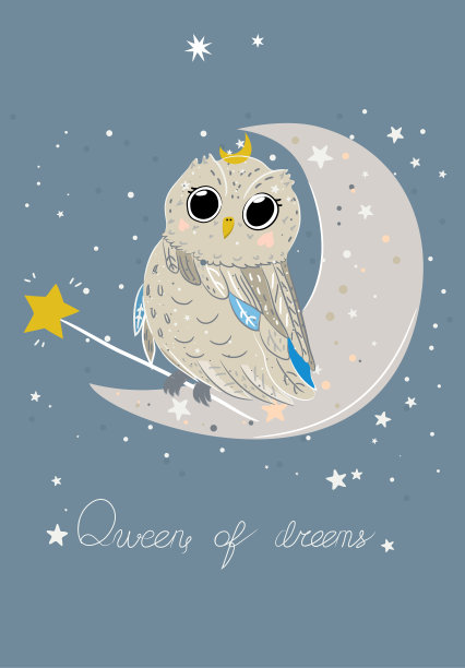 有魔法猫头鹰的婴儿房晚安海报。图片下载