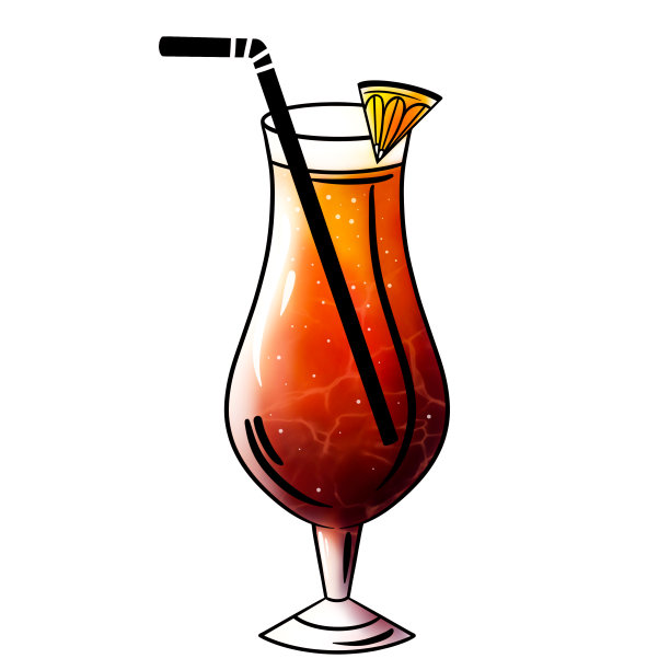 水彩画的鸡尾酒在一个玻璃杯。手画柠檬片杯，红色饮料图片下载