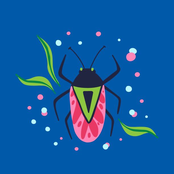 卡通甲虫。色彩鲜艳的手绘昆虫涂鸦，可爱美丽的昆虫粉红色和蓝色的现代装饰元素，矢量孤立插图，当代印刷或海报图片下载
