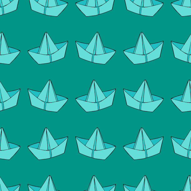 纸船小溪或水坑，矢量无缝图案上的绿松石背景，涂鸦图片下载