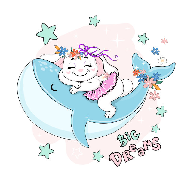 可爱的兔子睡在鲸鱼和题字大梦想。卡哇伊风格。矢量插图的t恤设计，贺卡，婴儿淋浴图片下载