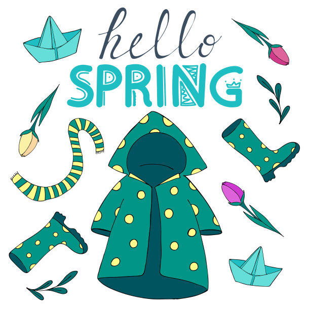春季套涂鸦元素-雨衣，雨伞，胶靴，围巾，纸船，花，雪花莲，矢量插图图片下载