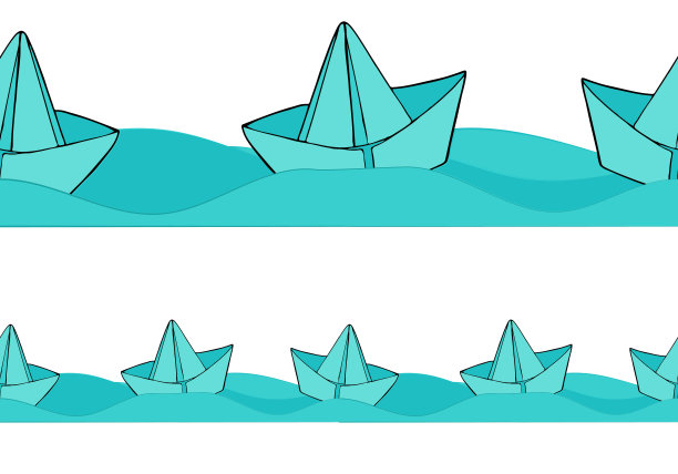 春日纸船浮于海、溪、水，矢量无缝边框，涂鸦风格图片下载