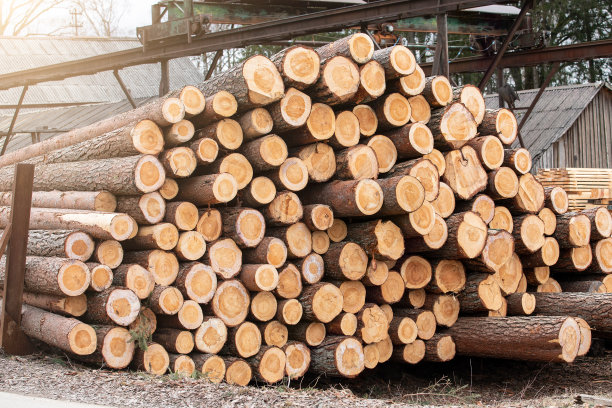 工厂和工业。日志堆栈。木材生产、运输和交付图片下载