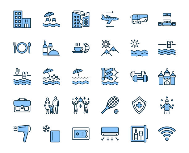 旅行社图标设置为蓝色。矢量插图包括旅游服务符号，航班，转机，食品，保险。可编辑的中风图片下载