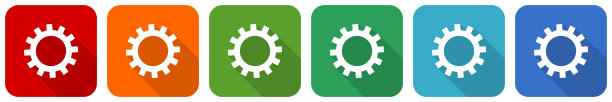 齿轮，齿轮图标设置，平面设计矢量插图在6种颜色的选择web设计和移动应用程序图片下载