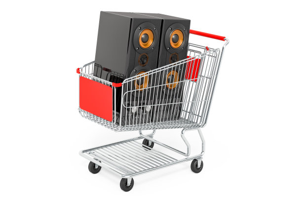 购物车内的音乐扬声器，白色背景上的3D渲染隔离图片下载