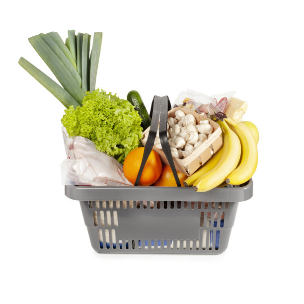 白色背景上剪出的灰色塑料购物篮。特价产品，特价销售图片下载