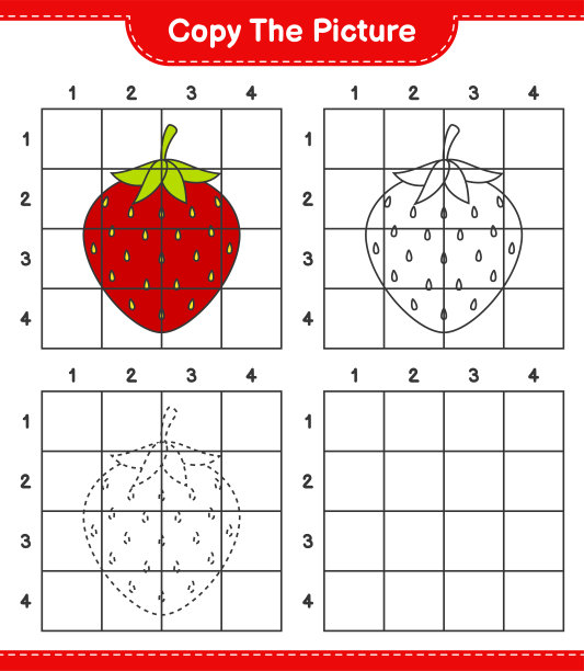 复制图片，复制草莓的图片使用网格线。教育儿童游戏，可打印的工作表，矢量插图图片下载