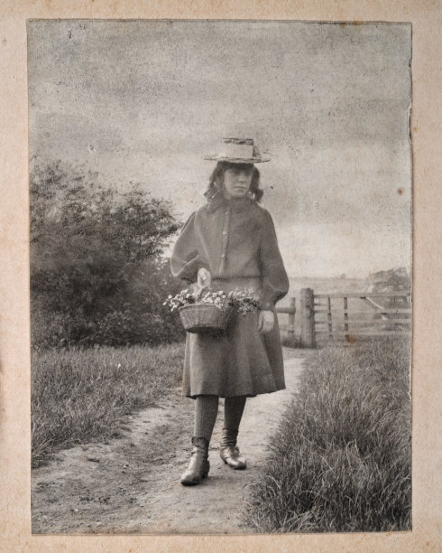 女孩收集野花在篮子里，草地，19世纪的复古棕褐色照片图片下载