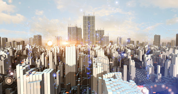 复杂的空中城市轮廓线。人工智能网络。大数据。图片下载