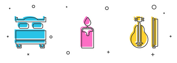 设置卧室燃烧的蜡烛和小提琴图标图片下载