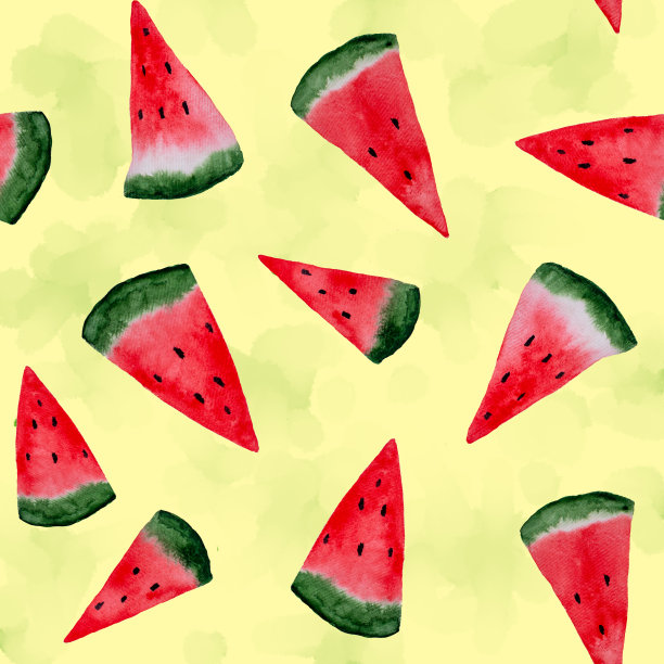 新鲜的红色西瓜切片在抽象画在柔和的柔和的颜色梯度。水彩插图拼贴画。图片下载