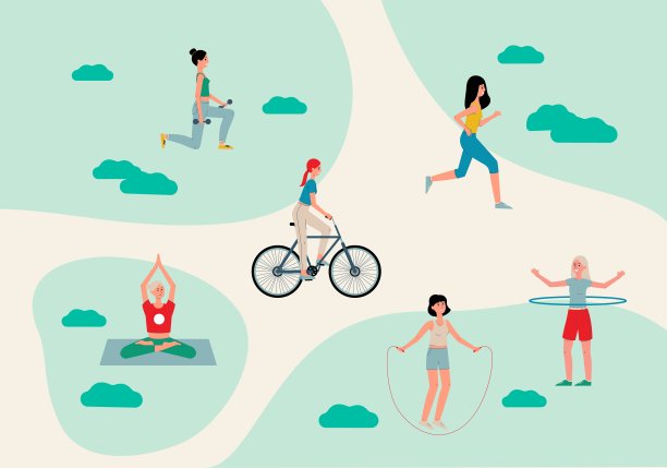 一组从事各种户外运动的矢量女性角色。图片下载