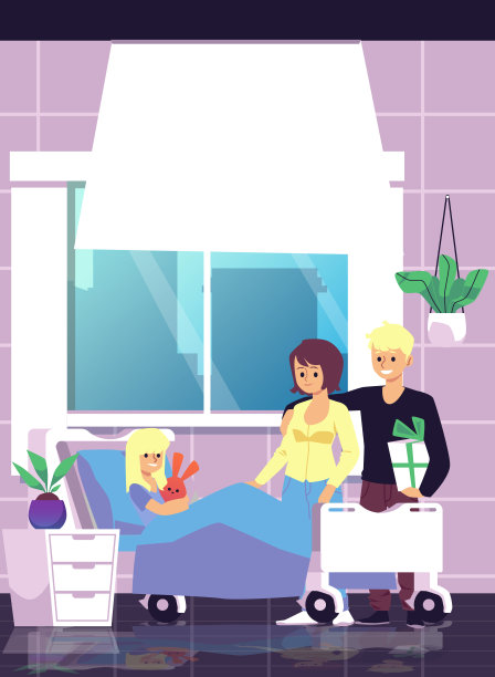 父母看望躺在儿童病房病床上的女孩病人。图片下载