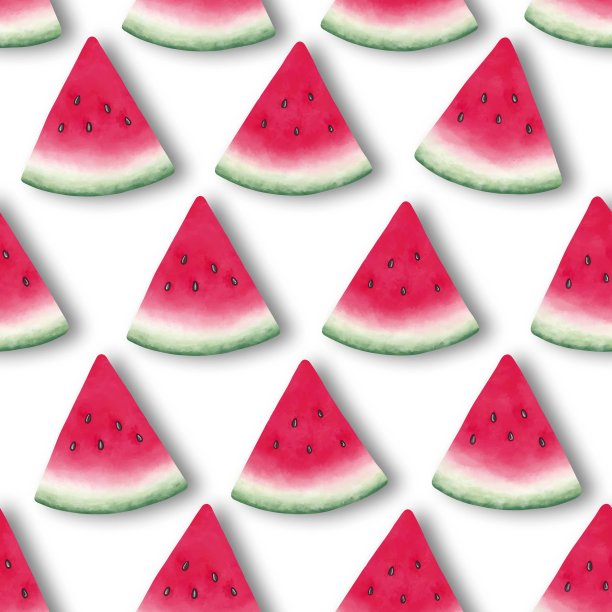 西瓜的三角形切片排列在白色的背景无缝图案。西瓜片有影子。手画西瓜。图片下载