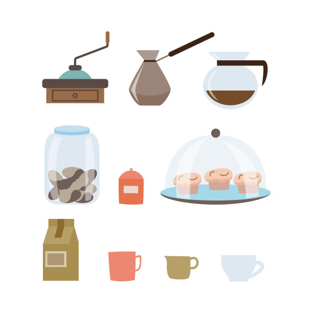 一套咖啡馆项目咖啡准备平面矢量插图孤立。图片下载