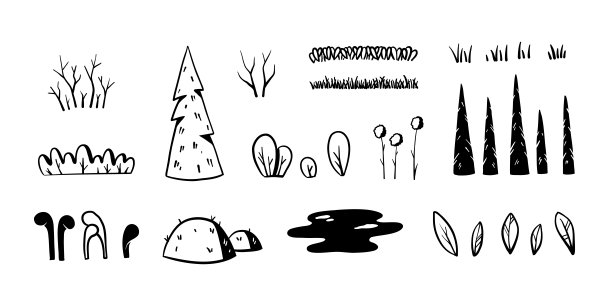 涂鸦黑色的植物。森林背景，一套可爱的单色手绘树木和树叶。矢量图标草图图片下载