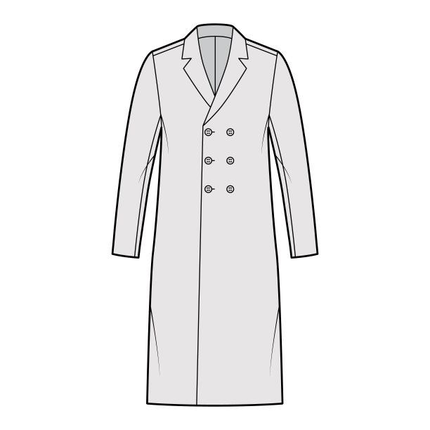 经典的大衣技术时尚插图，长及膝，长袖，缺口领，超大，双排扣图片下载