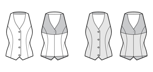 吊带背心皮克马甲技术时尚插图与露背，v领口，纽扣关闭，苗条适合。平图片下载