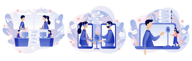 在线访谈的概念。记者。视频电话会议。小人在家工作。社会距离。远程工作。咨询。现代平面卡通风格。矢量插图上的白色背景图片下载