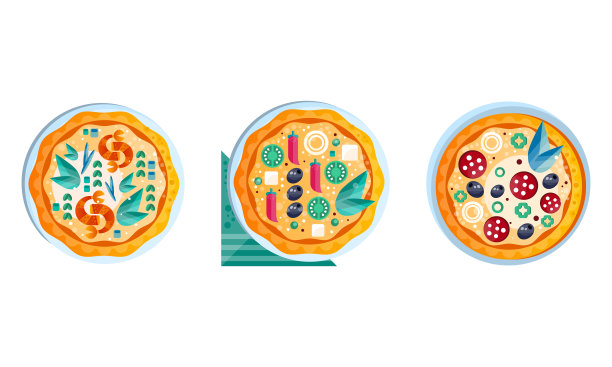 披萨集，顶视图新鲜烤披萨与各种配料平面矢量插图图片下载