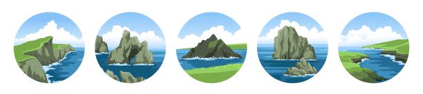 一套圆形的海矢量插图的风景与岩石，悬崖，山脉，石头和白云蓝天。图片下载