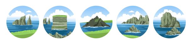 一套圆形的海洋景观与山，岩石，悬崖和蓝天蓬松的云。图片下载