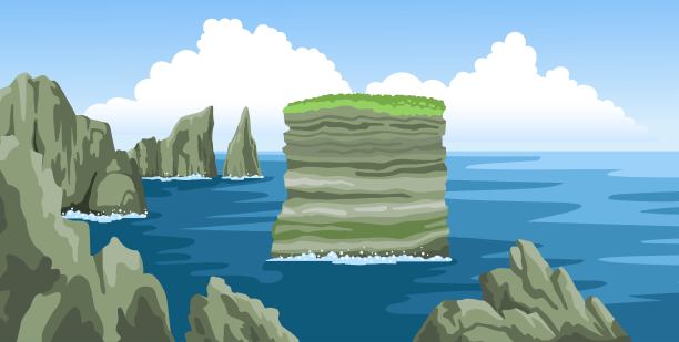 海景观有岩石，悬崖，石头，蓝天和蓬松的云。图片下载