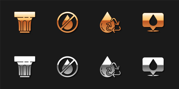 设置玻璃与水，禁止滴水，回收清洁水和位置图标。向量图片下载