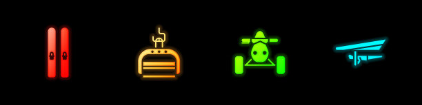 设置滑雪和棍棒，升降机，ATV摩托车和悬挂滑翔机图标。向量图片下载