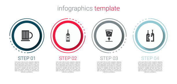 木制啤酒杯，伏特加酒瓶，葡萄酒杯和酒瓶。业务信息模板。向量图片下载