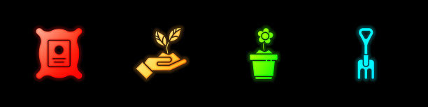 套装满植物种子，植物在手环境，花盆和花园耙图标。向量图片下载