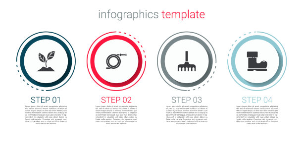 设置植物，花园软管或消防软管，耙和防水橡胶靴。业务信息模板。向量图片下载