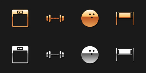 设置浴室秤，哑铃，保龄球和排球网图标。向量图片下载