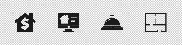 设置房子与美元符号，在线房地产，酒店服务钟和计划图标。向量图片下载