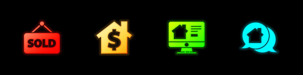 设置悬挂标志与文本出售，房子美元符号，在线房地产房子和真实信息图标。向量图片下载