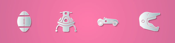 剪纸风格橄榄球、雪地摩托、复古赛车和摩托车头盔图标。矢量素材图片下载