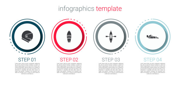 设置头盔，冲浪板，皮划艇或独木舟和一级方程式赛车。业务信息模板。向量图片下载