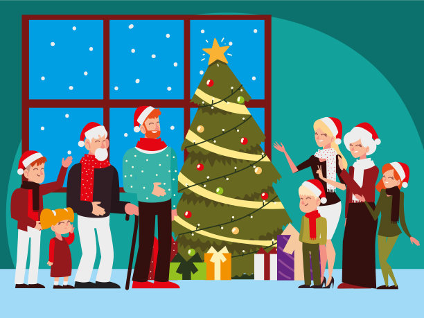 圣诞节人们大家族用圣诞树灯图片下载