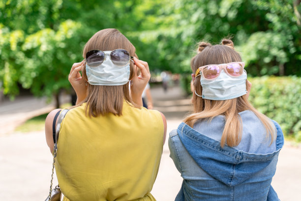 两个女人戴着一次性口罩和太阳镜在后脑勺散步图片下载