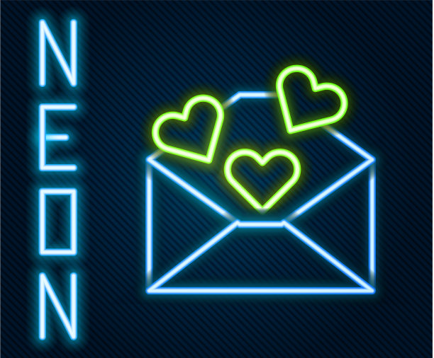 发光的霓虹线信封与情人的心图片下载