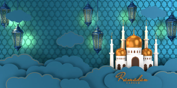 折纸设计纸工艺斋月卡里姆背景与灯笼和清真寺图片下载