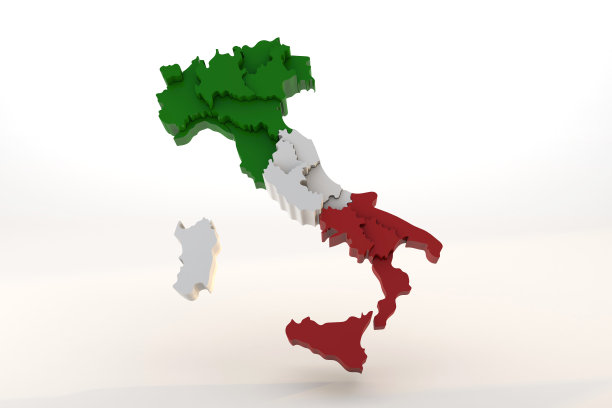 意大利地图3d渲染孤立的颜色旗帜的意大利地区的白色背景图片下载