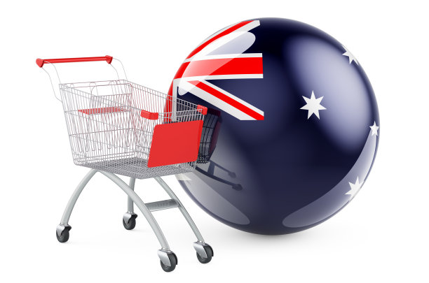 带有澳大利亚国旗的购物车。购物在澳大利亚的概念。3D渲染孤立的白色背景图片下载