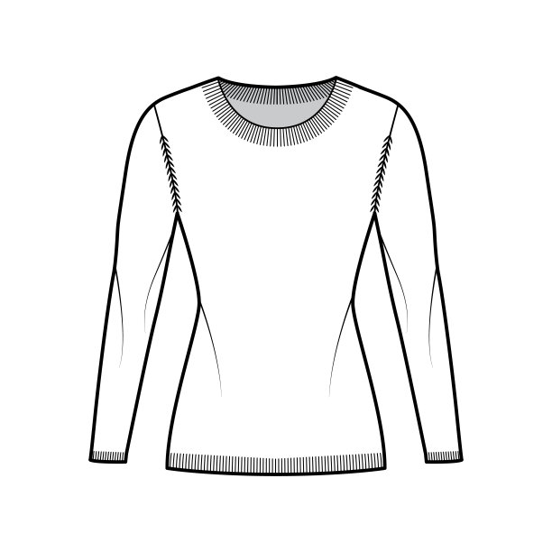 圆领毛衣技术时尚插图与长袖，合身的身体，臀部长度，针织罗纹修剪平套头衫图片下载