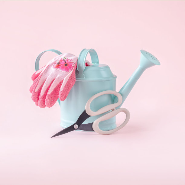 粉红色背景上的园艺设备。图片下载