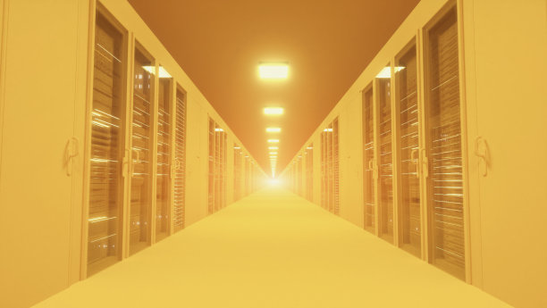 现代黄色网络与电信技术计算机概念:数据中心服务器室。三维渲染图片下载
