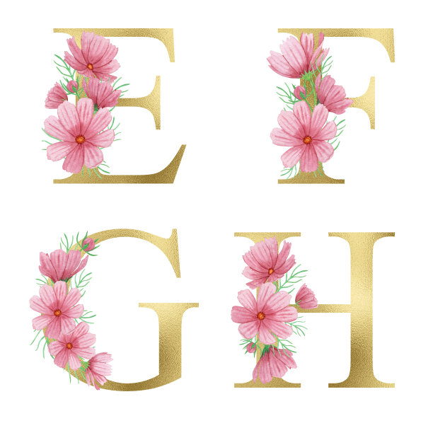 水彩金色花卉字母表与夏季粉红色的花。花闪闪发光的信件。婚礼邀请函、宝宝送礼会、升华设计、生日等概念创意。图片下载